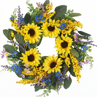Wreaths for Spring and Summer 22 inch, Artificial Sunflower Wreath for Front Door with Green Leaves, Floral Wreath for Indoor and Outdoor