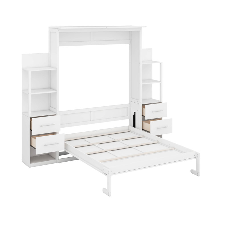 Lit escamotable avec tablettes de rangement, bibliothèque, tiroirs et lumières DEL, Double