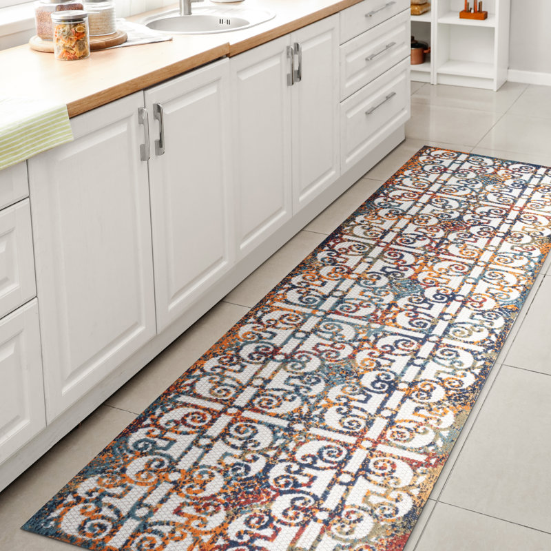 Wolfhard Ornate Trellis Cream/Blue/Orange Indoor/Outdoor Rug, Runner 2'3" X 8'