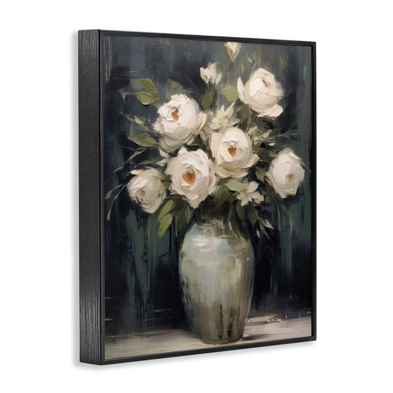 Roses blanches dans un vase foncé, estampe numérique, design par LSR Creative Studio, H 14 po x l 11 po