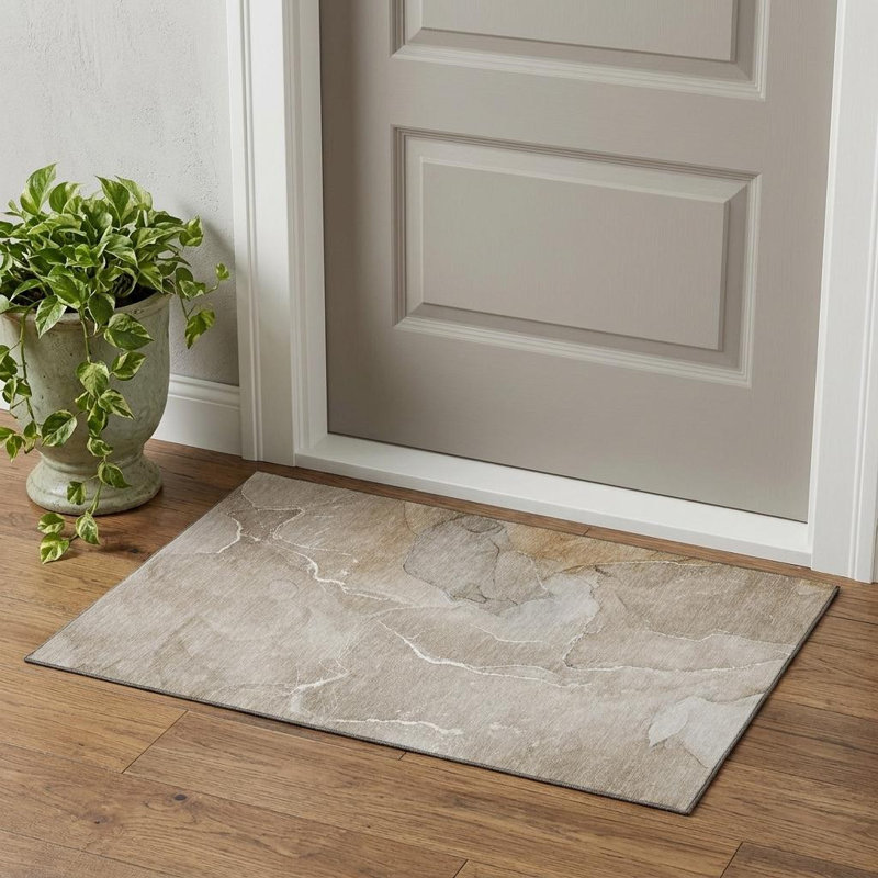 3' X 5' Beige And Ivory Abstract Washable Area Rug With UV Protection