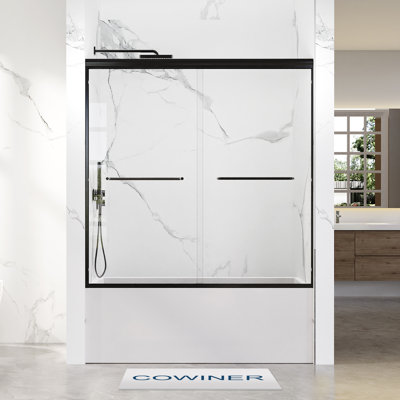 56–60 in. W x 60 in. H Framed Double Sliding Tub Door in Matte Black with 5/16 in.(8mm) Clear Tempered Glass