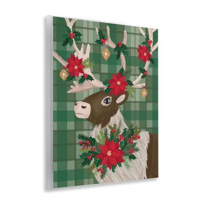«Festive Deer with Poinsettia», art mural par Lisa Perry White bouton