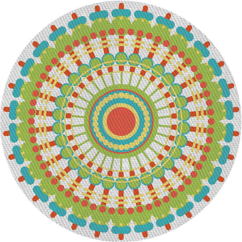 Tapis vert / bleu / orange en laine et polyester tissé à la machine Oriental, Rond 8 pi