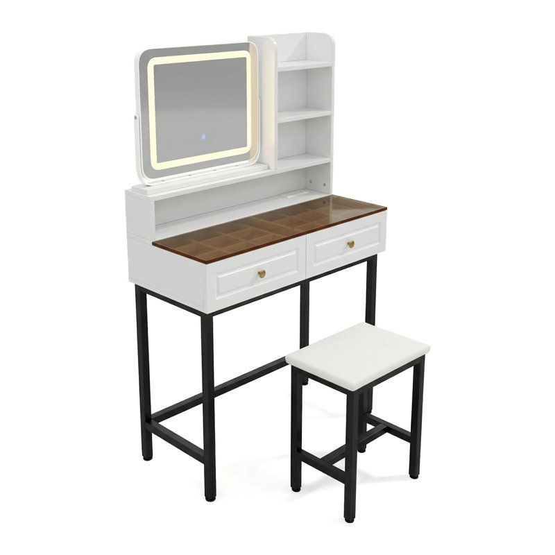 Vanity Table Featuring A 360° Rotating Mirror And Led Lighting, Complete With 2 Drawers, A Power Outlet, And 3 Shelves