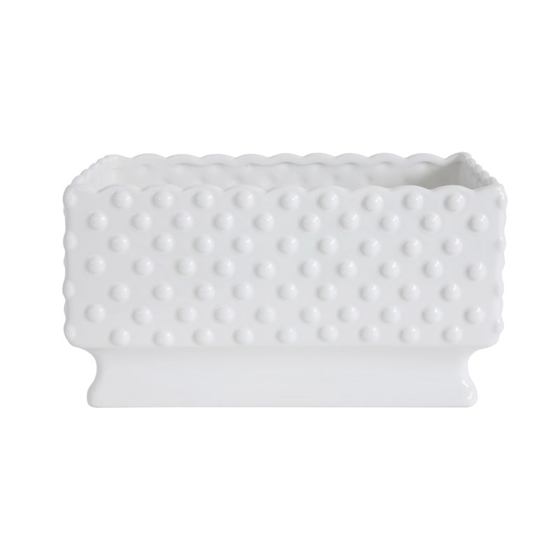 White Ceramic Hobnail Rectangle Planter with Scalloped Edge