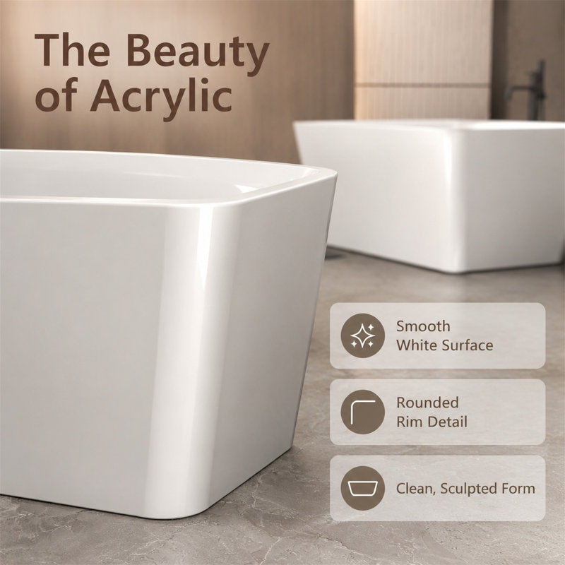 47.2" Acrylic Freestanding Bathtub with Built-in Seat, Rectangular Soaking Tub