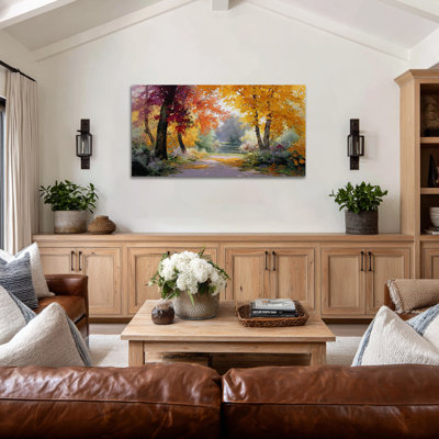 Paysage d'automne, art mural - photos murales d'automne, art mural rétro sur toile pour le salon, peintures d'automne de la forêt pour le mur, estampe d'art encadrée, 16 x 32 po