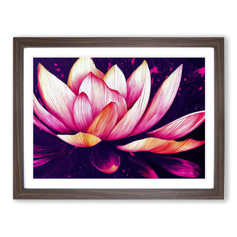 Lotus Flower Paint Splatter (4) - Single Picture Frame Print, 46cm H x 64cm W, Walnut