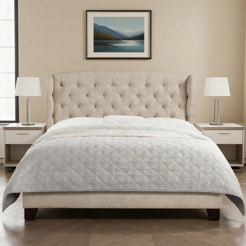 Fabric Upholstered Bed,Tufted Headboard Adjustable Height Bed Frame, Beige, Twin