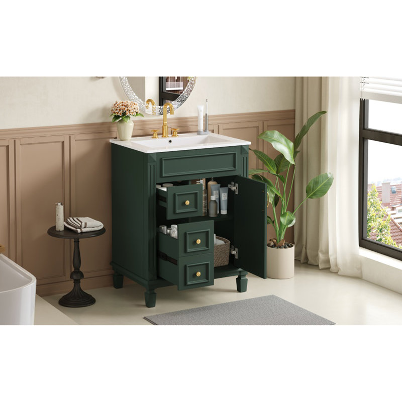 Meuble-lavabo de 24 pouces avec lavabo en céramique, conception compacte pour petits espaces, armoire moderne avec 2 tiroirs et tablette réglable, meubles-lavabos
