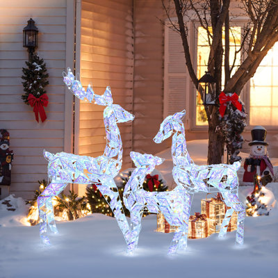 3-Piece Multi-Color Snowflake Deer Family Outdoor  Christmas Holiday Decoration with Lights
