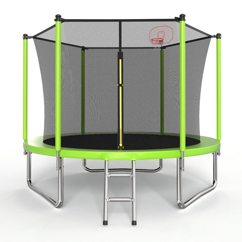 Trampoline 10 pi pour enfants, panier de basketball et échelle, trampoline pour enfants avec enceinte sécuritaire, assemblage rapide pour le plaisir dans la cour, approuvé ASTM