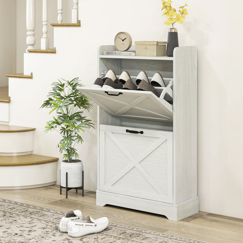 Organisateur de chaussures blanc patiné pour le vestibule, dissimulé avec 2 tiroirs rabattables et tablettes réglables, pour 8 paires, rangement tactile pour le vestibule - convient à la finition