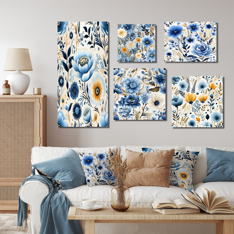 Motif floral chic bleu bohème - ensemble de 5 impressions murales florales, Toile tendue