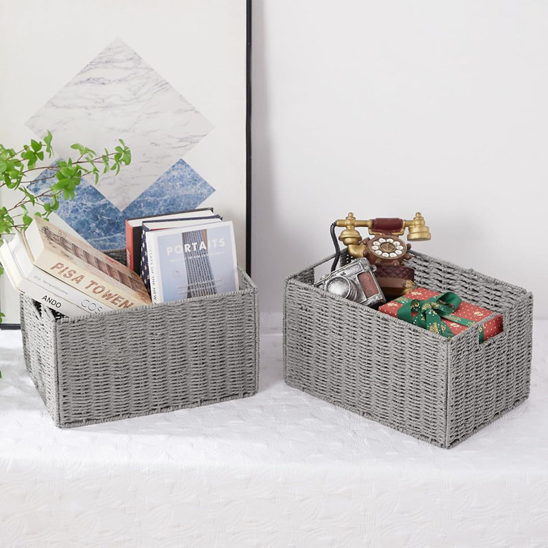 Ensemble de 2 paniers de rangement en corde de papier tissés à la main avec poignées - cubes carrés pliables pour l'organisation de tablettes et de placards (gris)