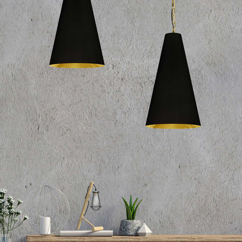 Luminaire suspendu conique à 1 lumière Ambrosio, H 18 po x l 20 po x P 20 po, Noir et or, Laiton vieilli