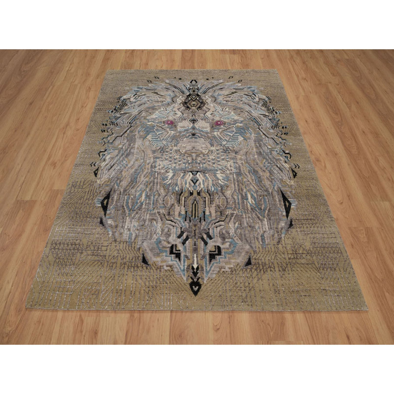 Tapis oriental noué à la main 5 pi 3 po x 7 pi brun Peanut Lion, le Maharaja Lion, laine et soie