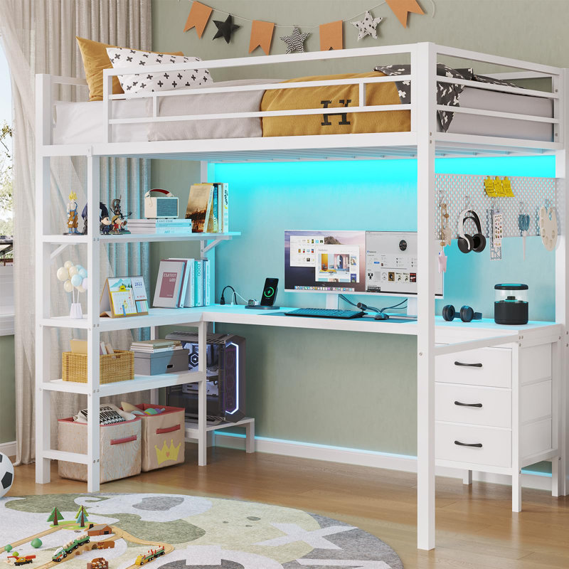 Twin Size Loft Bed With L-shaped Desk, Led Lights,charging Station,twin Metal Loft Bed With Desk And Fabric Drawers And Shelves, 13.4" H Safety Guard, No Box Spring Needed