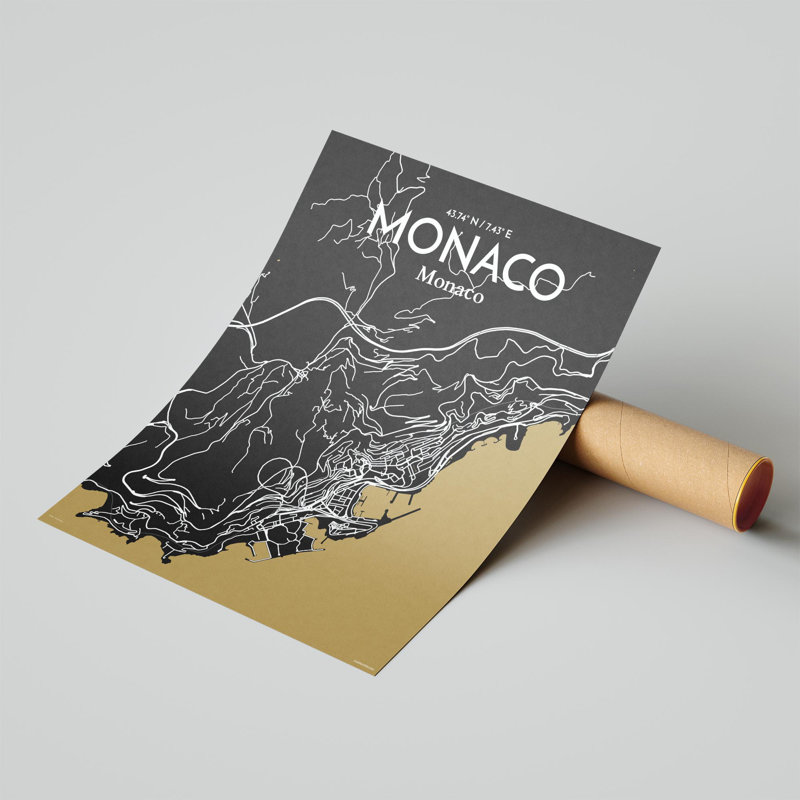 Monaco City Map, impression, H 20 po x l 16 po, Noir / or