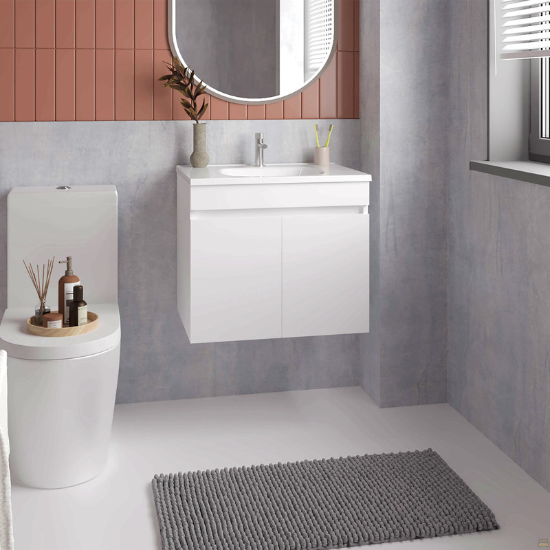 Meuble-lavabo flottant à deux portes Chaux, avec lavabo en résine et deux tablettes, rangement pour salle de bain, blanc