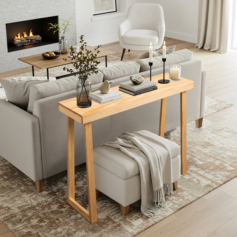 43.3" Solid Wood Trapezoidal Leg Narrow Console Table Enterway Table Wood Color, 31.9" H x 43.3" W x 12" D, Natural Wood/Gold