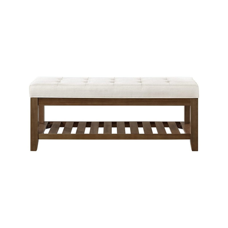 Large Rectangular Upholstered Tufted Linen Ottoman Bench, Padded Bench With Solid Wood Shelf-Ivory