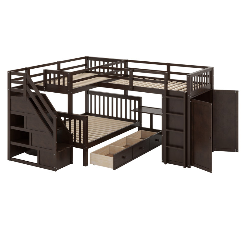 Janai Kids Twin Over Twin Over Full Bunk Bed with Drawers, Espresso