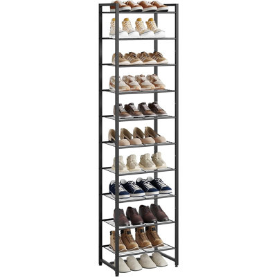 10-Tier Narrow Metal Shoe Rack Organizer, Tall Space-Saving Shelf, Holds 22 Pairs, Black