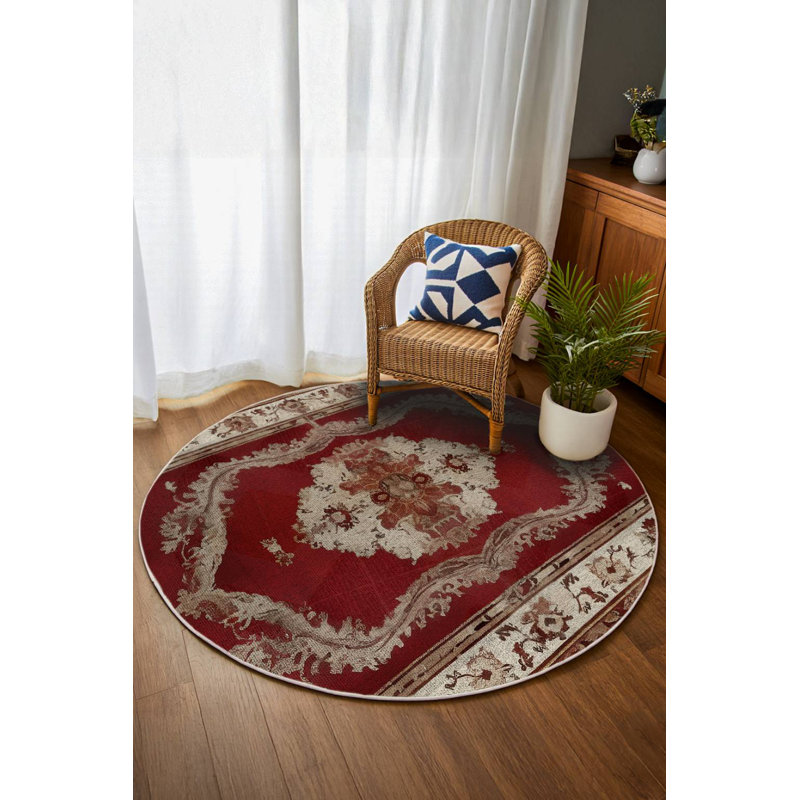 Tapis bourgogne en coton et polyester à imprimé numérique Zaria Collection, Rond 3 pi 4 po