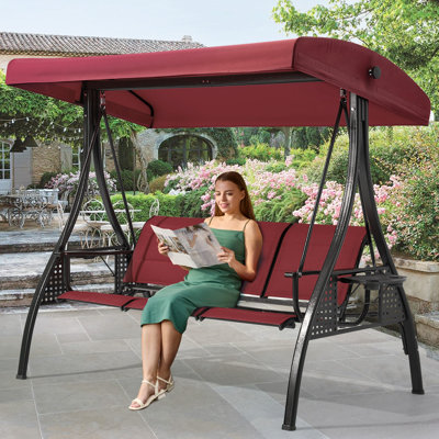 3 Seat Outdoor Swing With Canopy, Patio Swing Chair With PVC-coated polyester Backrest & 2 Cup Holders For Backyard, Porch, Garden