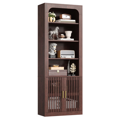 Mid-century Book Shelf, 6-tier Floor Standing Bookcase With Grille Doors, Tall Storage Shelves For Display & Organizing, Suitable For Home Office, Liv