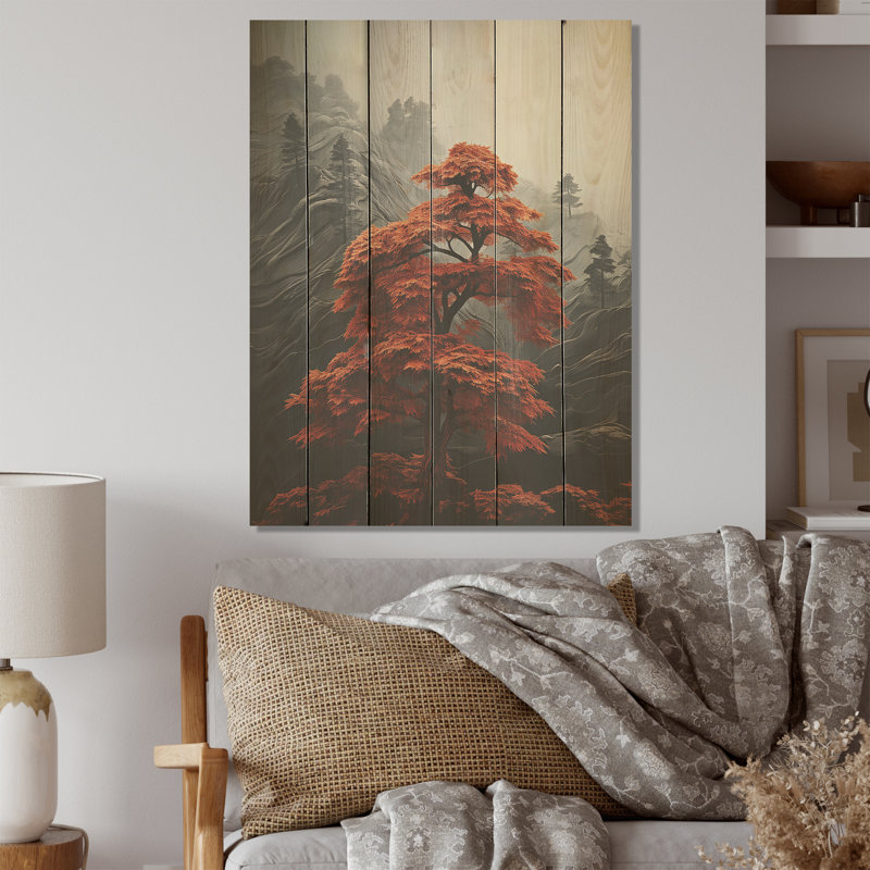Séquoia rouge dans la forêt monochrome - Séquoia sur bois de pin naturel, H 32 po x l 24 po