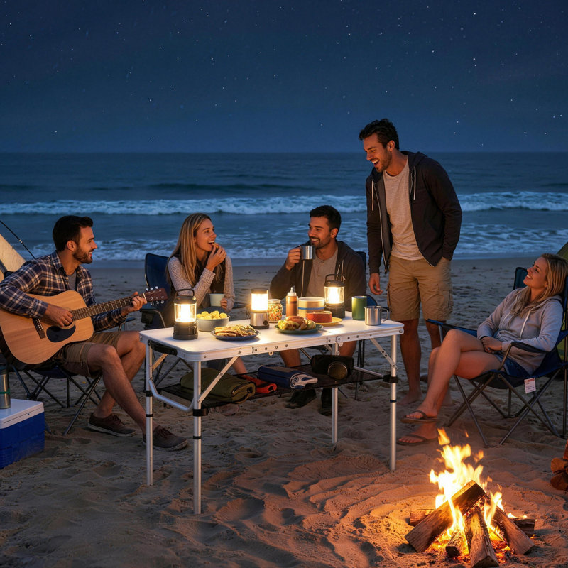 Outsunny 3ft Folding Camping Table with Mesh Storage Layer, Cream, 70cm H x 90cm L x 40cm D