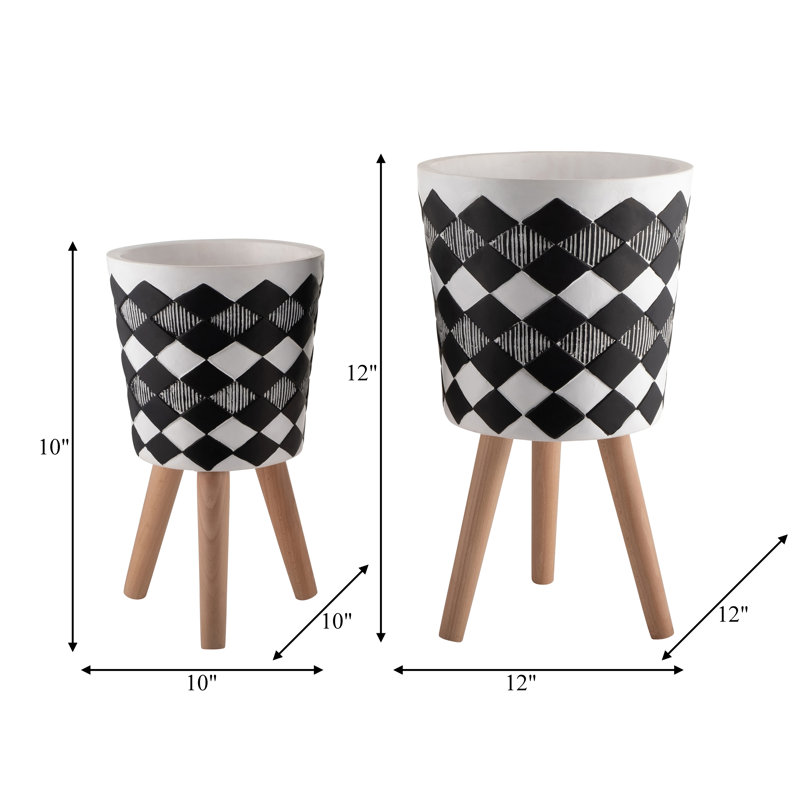 Balmorhea Resin and Wood Planters with Ribbed Design and Magnesia Construction, Set of 2, 12" H x 12" W x 12" D, White/Black