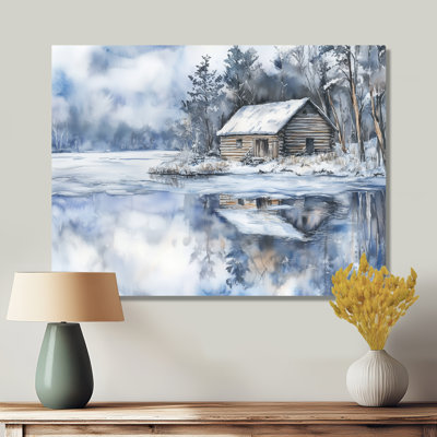 Art mural chalet d'hiver, toile du lac enneigé, chalet d'hiver dans les bois