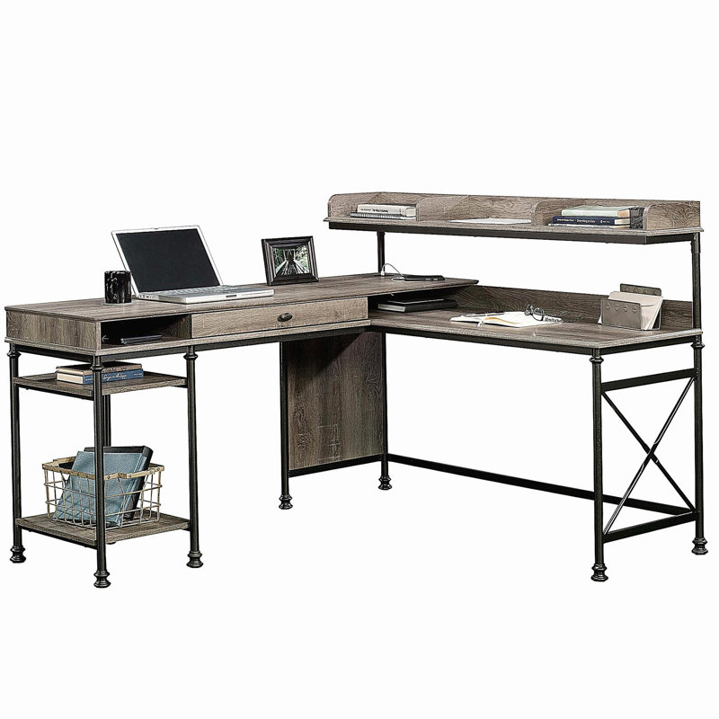 Bureau industriel en forme de L avec ports USB intégrés et trous à œillets, finition brune