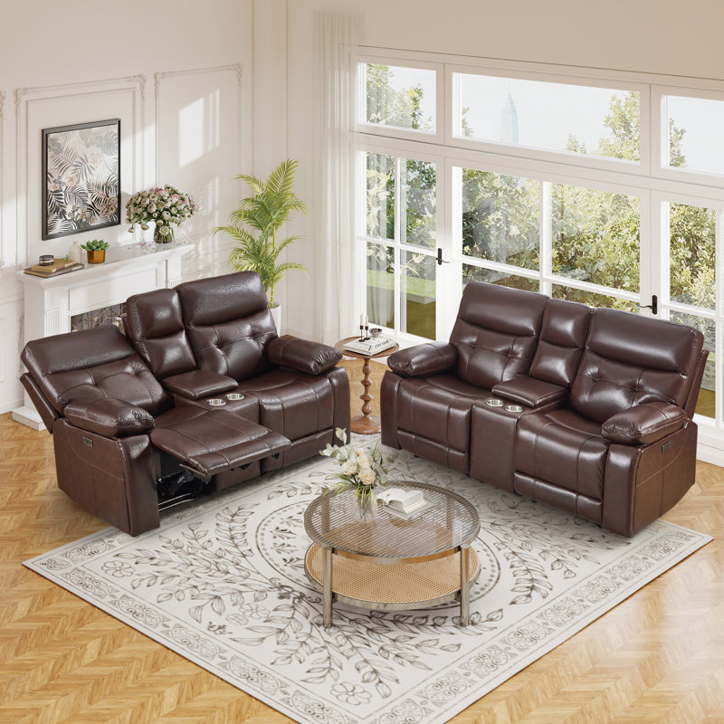 74.8" W Modern Top Grain Leather Power Reclining Loveseat With USB Port, Cup Holders & Storage Console, Dual Reclining Seats For Living Room(Set Of 2)