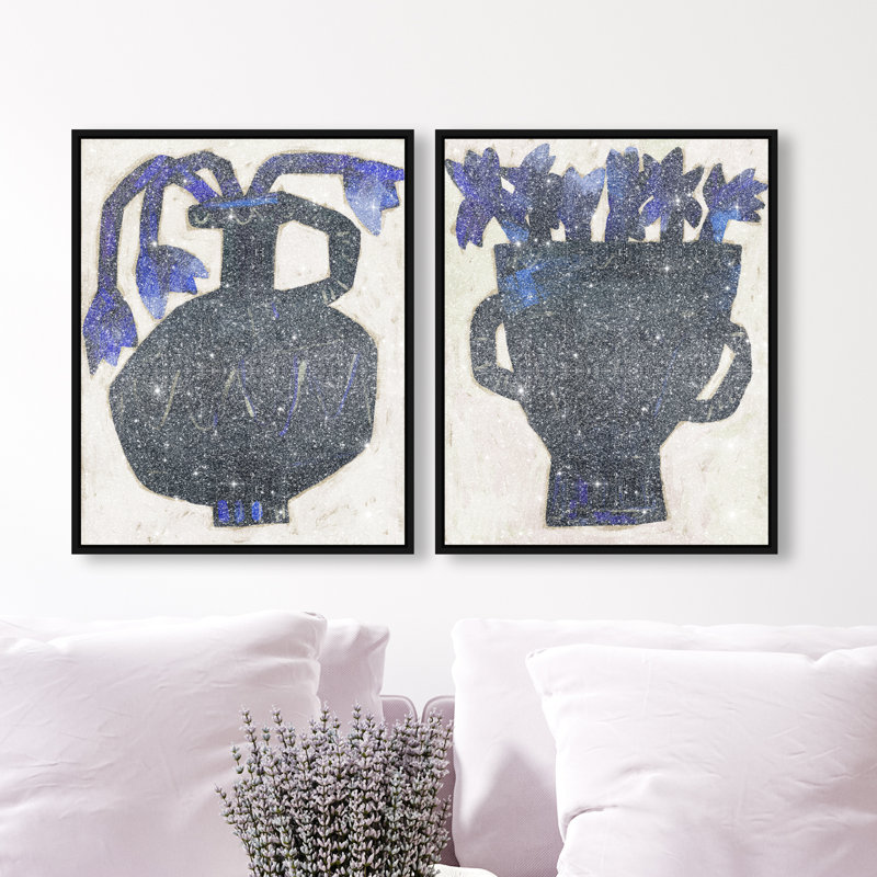 Indigo Vases Set Set by Oliver Gal, 74"H x 62"W, Black Floater Frame