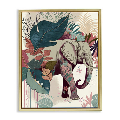 Éléphant et feuilles tropicales, art mural par Fab Funky