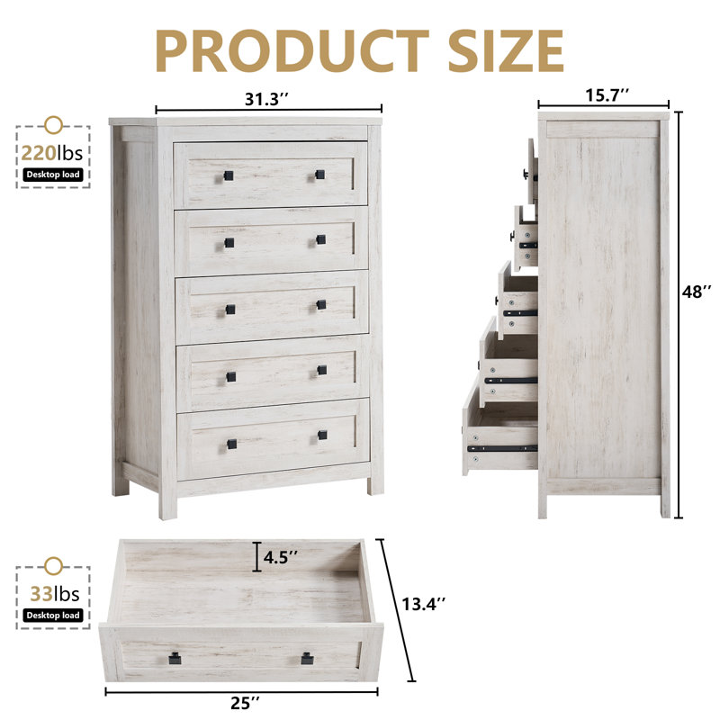 Commode haute 5 tiroirs Devion Farmhouse, Bouleau blanc