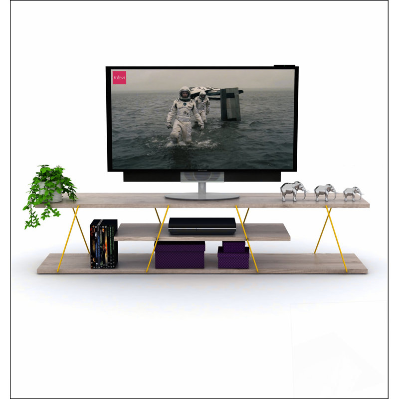 FurnisHome Store Tars Mid Century Modern Tv Stand 4 Shelves Open Storage Metal Cords Entertainment Centre 56 inch Low Tv Unit