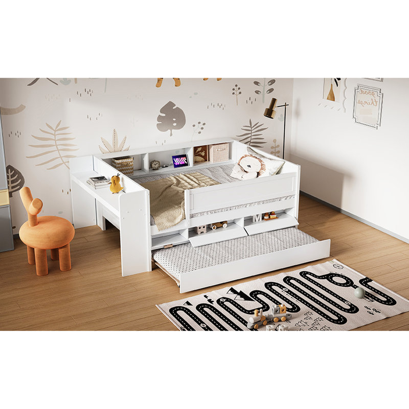 Lit de jour simple avec tiroirs et couchette, rangement pour la tête de lit, tables, tiroirs White Delight, finition pure