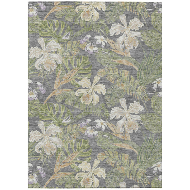 Tapis intérieur lavable à feuilles 8 pi x 10 pi gris et vert olive