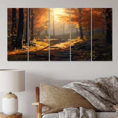 Forêt de sérénité après-midi, lumière du soleil en automne - impression sur toile forêt - 5 panneaux égaux