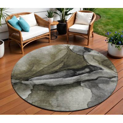 8' Gray And Silver Round Abstract Washable Indoor Outdoor Area Rug