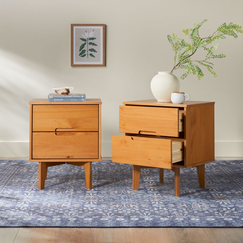 Aizlyn Mid-Century Modern Solid Wood Groove-Handle Nightstands, Caramel