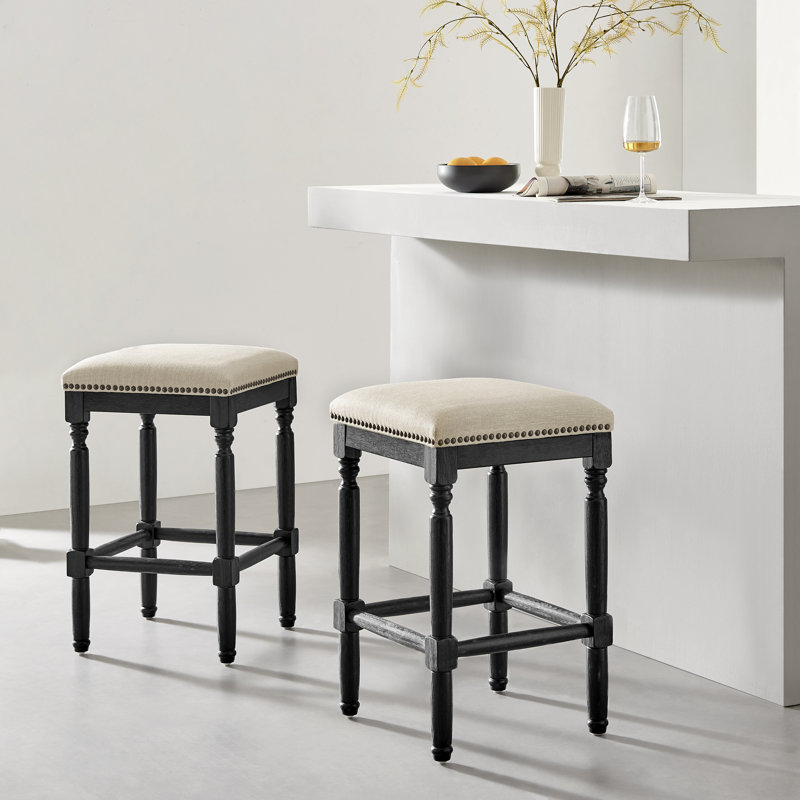 Liya Upholstered Counter Stool, Counter Stool (26" Seat Height), French Cream, Black
