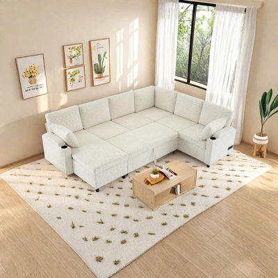 Convertible U-Shaped Sofa Bed With Storage Chaise,Usb Charging Ports, Cup Holders, Multi-Functional Armrests, Premium Chenille Upholstery & Removable Pillows – Ideal For Apartments & Small Spaces