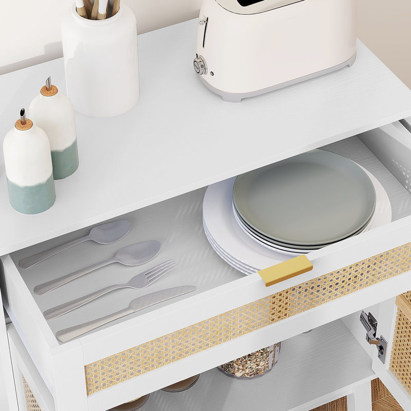 Buffet Boho avec portes en rotin, Blanc